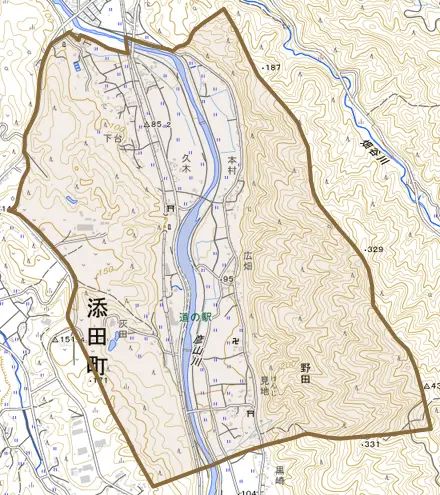 大字野田とその周辺の地図。町の範囲を重ねている