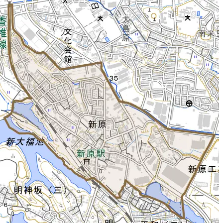 大字新原とその周辺の地図。町の範囲を重ねている