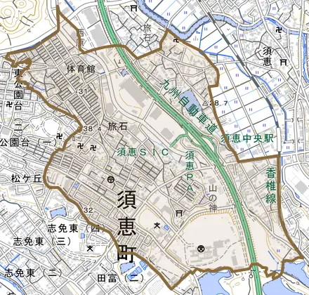 大字旅石とその周辺の地図。町の範囲を重ねている