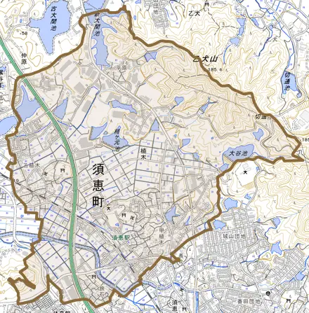 大字植木とその周辺の地図。町の範囲を重ねている