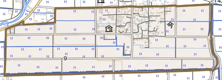大字今とその周辺の地図。町の範囲を重ねている