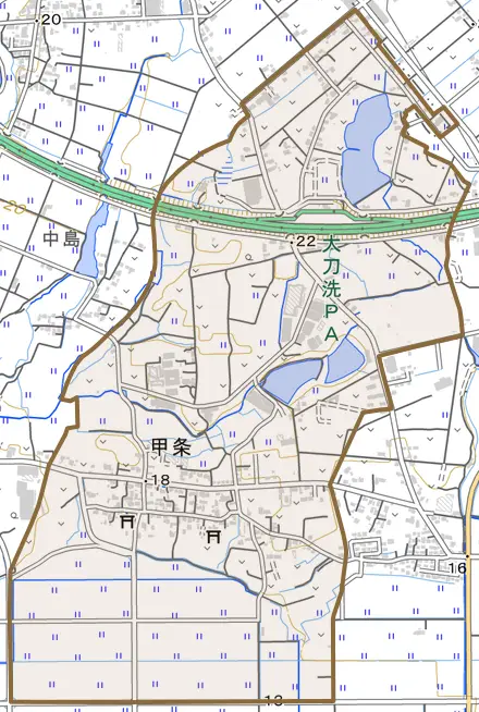 大字甲条とその周辺の地図。町の範囲を重ねている