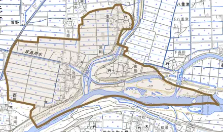 大字三川とその周辺の地図。町の範囲を重ねている