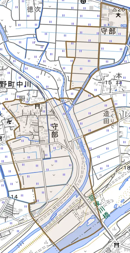 大字守部とその周辺の地図。町の範囲を重ねている