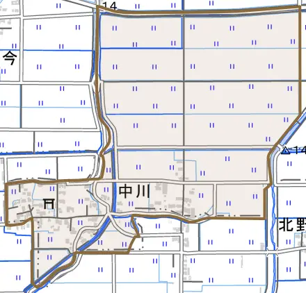 大字中川とその周辺の地図。町の範囲を重ねている