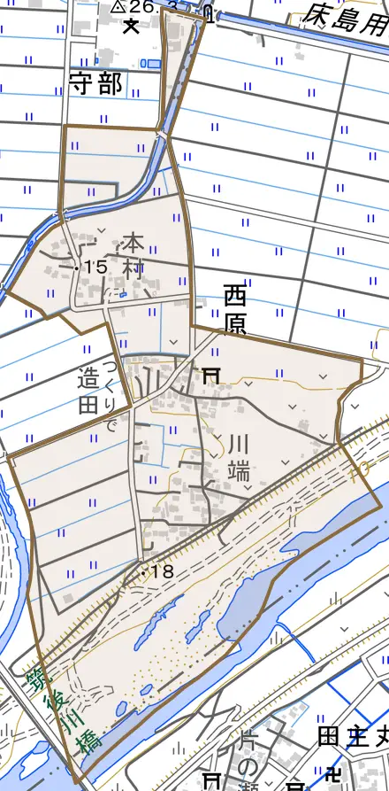 大字西原とその周辺の地図。町の範囲を重ねている