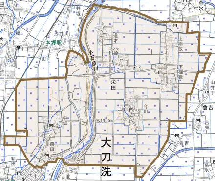 大字栄田とその周辺の地図。町の範囲を重ねている