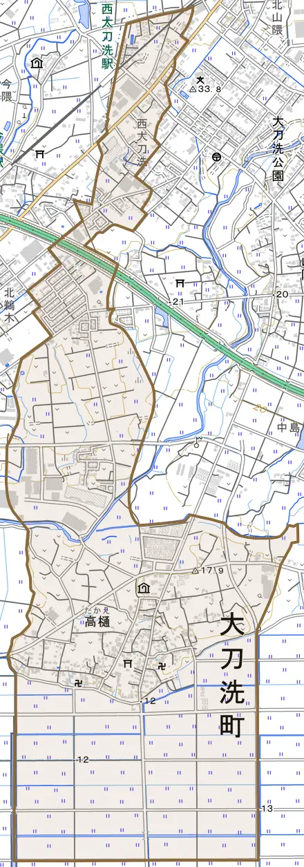 大字高樋とその周辺の地図。町の範囲を重ねている