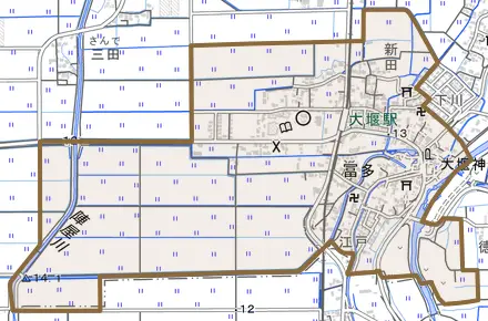 大字冨多とその周辺の地図。町の範囲を重ねている
