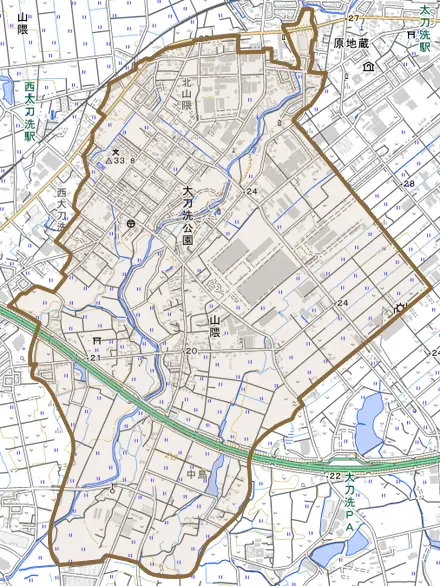 大字山隈とその周辺の地図。町の範囲を重ねている