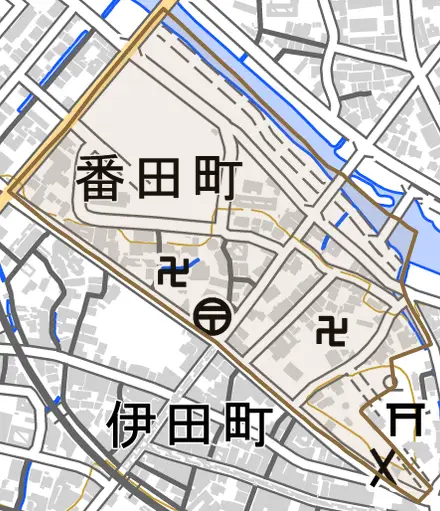番田町とその周辺の地図。町の範囲を重ねている