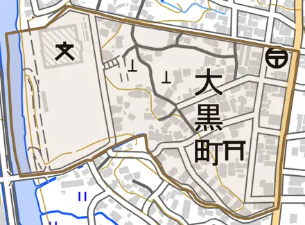 大黒町とその周辺の地図。町の範囲を重ねている