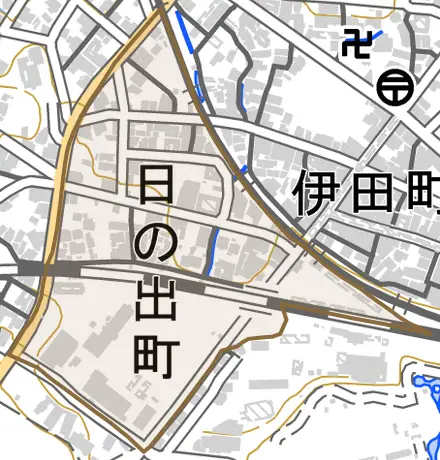 日の出町とその周辺の地図。町の範囲を重ねている