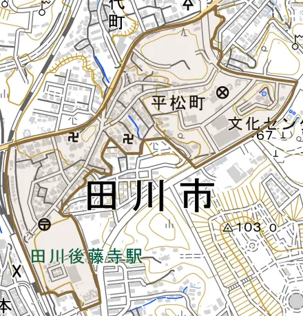 平松町とその周辺の地図。町の範囲を重ねている
