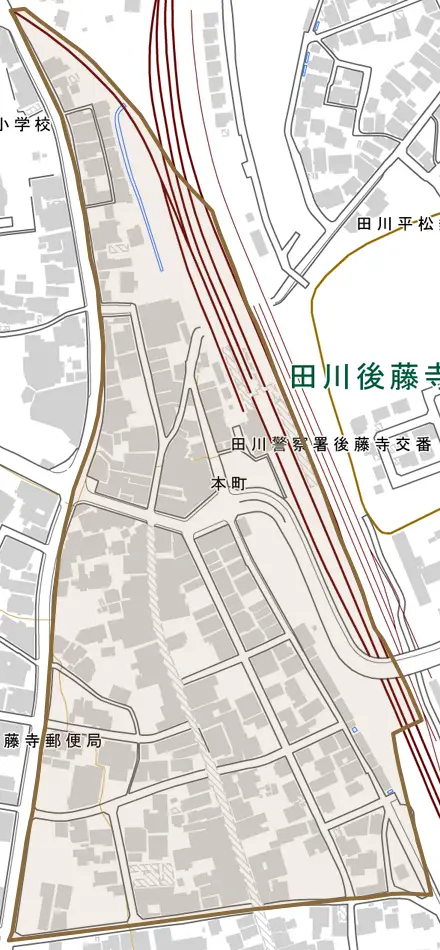 本町とその周辺の地図。町の範囲を重ねている