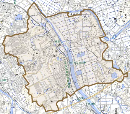 大字糒とその周辺の地図。町の範囲を重ねている