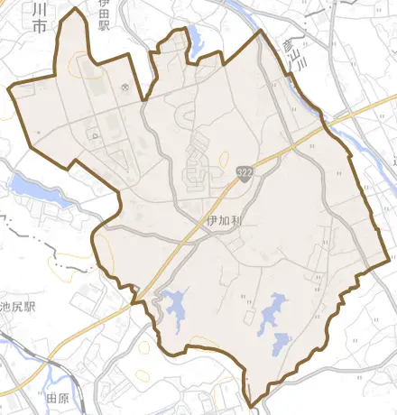 大字伊加利とその周辺の地図。町の範囲を重ねている