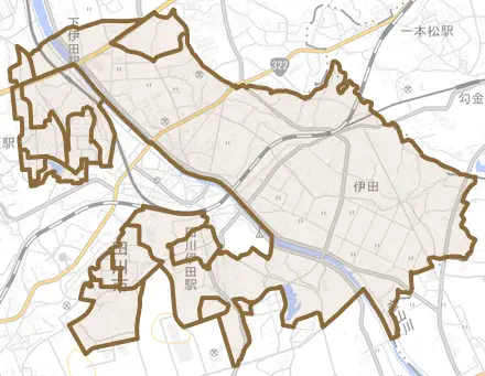 大字伊田とその周辺の地図。町の範囲を重ねている