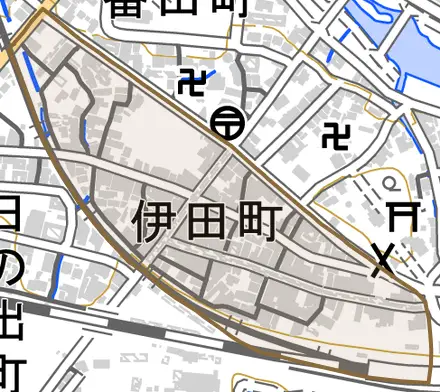 伊田町とその周辺の地図。町の範囲を重ねている