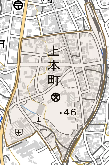 上本町とその周辺の地図。町の範囲を重ねている