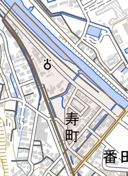 寿町とその周辺の地図。町の範囲を重ねている
