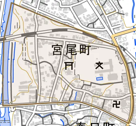 宮尾町とその周辺の地図。町の範囲を重ねている