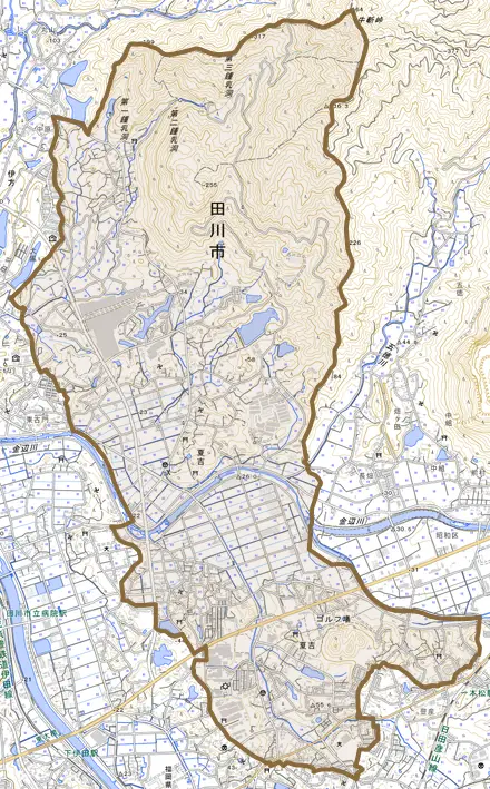 大字夏吉とその周辺の地図。町の範囲を重ねている