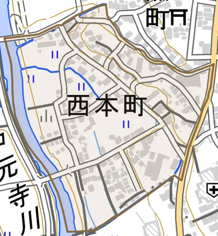 西本町とその周辺の地図。町の範囲を重ねている