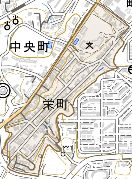 栄町とその周辺の地図。町の範囲を重ねている