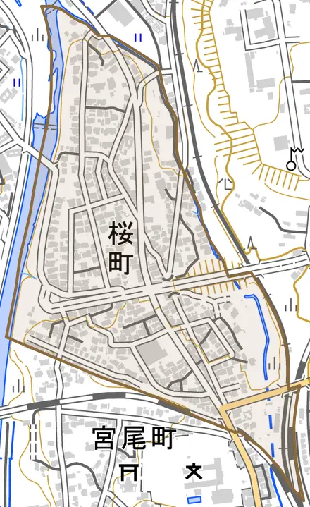 桜町とその周辺の地図。町の範囲を重ねている