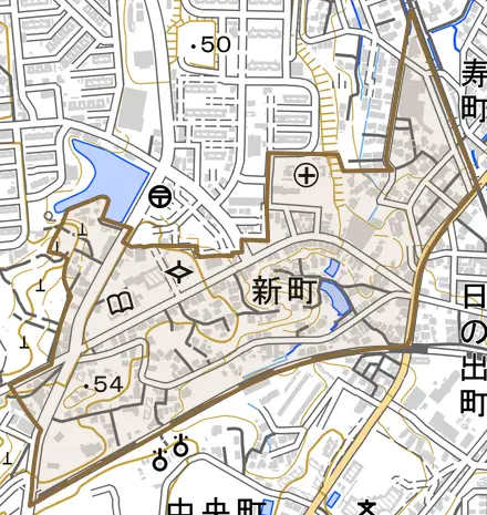 新町とその周辺の地図。町の範囲を重ねている