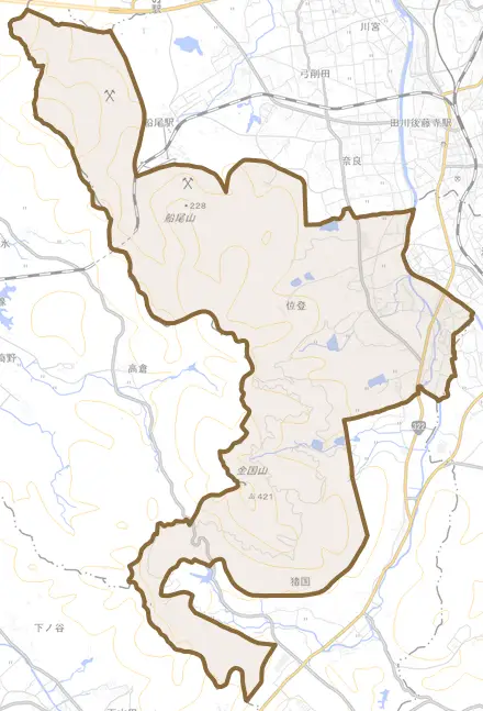 大字位登とその周辺の地図。町の範囲を重ねている
