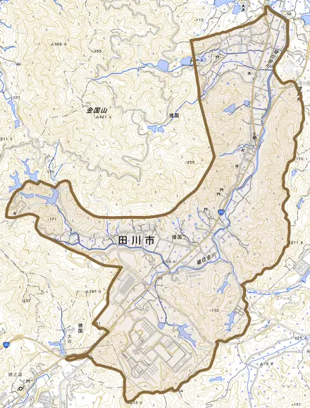 大字猪国とその周辺の地図。町の範囲を重ねている
