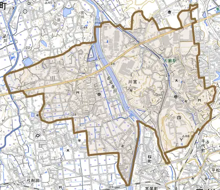 大字川宮とその周辺の地図。町の範囲を重ねている
