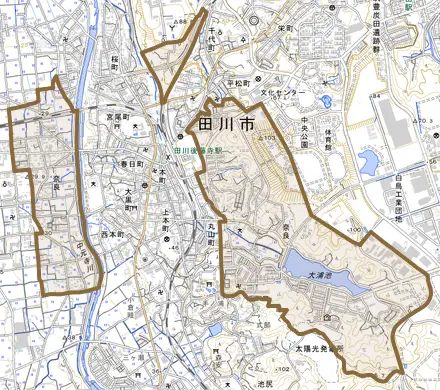 大字奈良とその周辺の地図。町の範囲を重ねている
