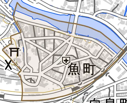 魚町とその周辺の地図。町の範囲を重ねている