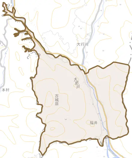 大字福井とその周辺の地図。町の範囲を重ねている