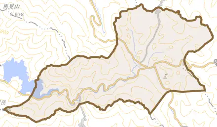 大字小石原とその周辺の地図。町の範囲を重ねている