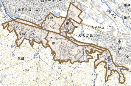 原田とその周辺の地図。町の範囲を重ねている