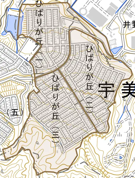 ひばりが丘とその周辺の地図。町の範囲を重ねている