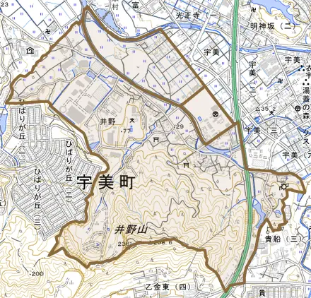 大字井野とその周辺の地図。町の範囲を重ねている