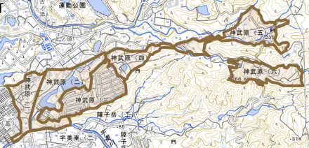 神武原とその周辺の地図。町の範囲を重ねている