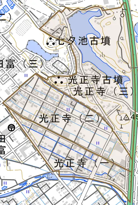 光正寺とその周辺の地図。町の範囲を重ねている