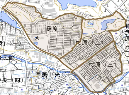 桜原とその周辺の地図。町の範囲を重ねている