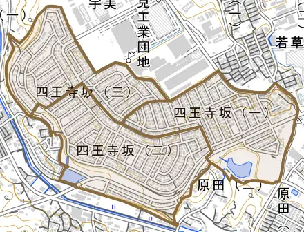 四王寺坂とその周辺の地図。町の範囲を重ねている