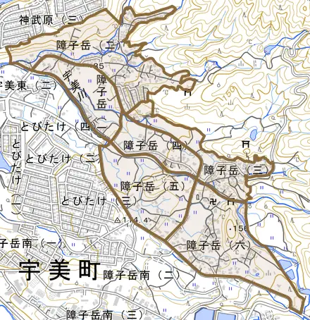 障子岳とその周辺の地図。町の範囲を重ねている