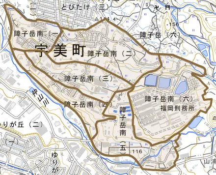 障子岳南とその周辺の地図。町の範囲を重ねている
