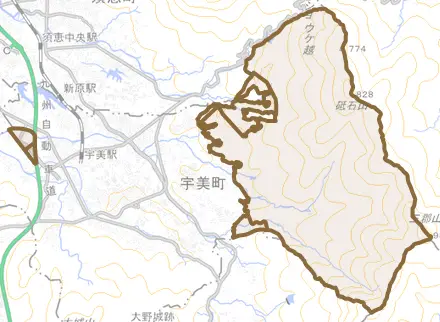 大字宇美とその周辺の地図。町の範囲を重ねている