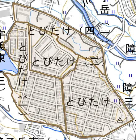 とびたけとその周辺の地図。町の範囲を重ねている