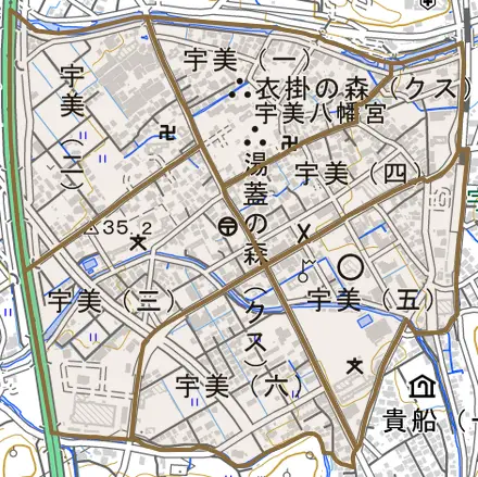 宇美とその周辺の地図。町の範囲を重ねている